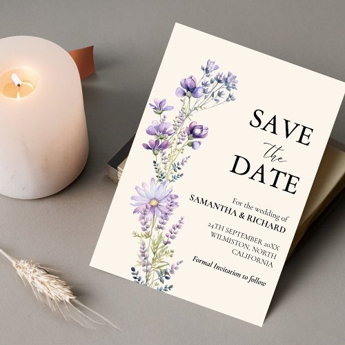 Classic Purple Wildflower Wedding Save The Date Invitation