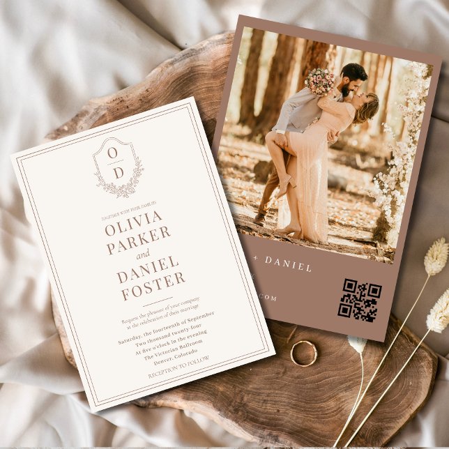 Classic QR Code Crest Mocha Brown Photo Wedding Invitation (Creator Uploaded)