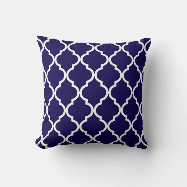 Classic Quatrefoil Pattern Cobalt Blue and White Throw Pillow (Front)