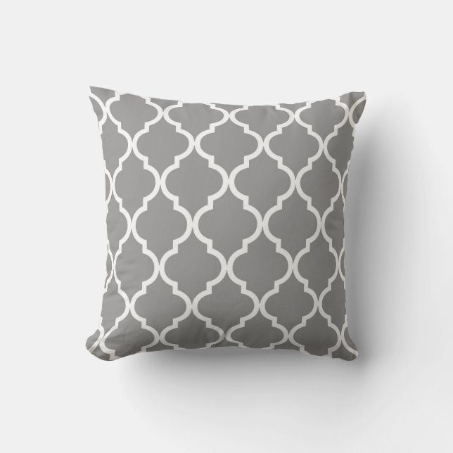 Classic Quatrefoil Pattern Grey and White Throw Pillow (Front)