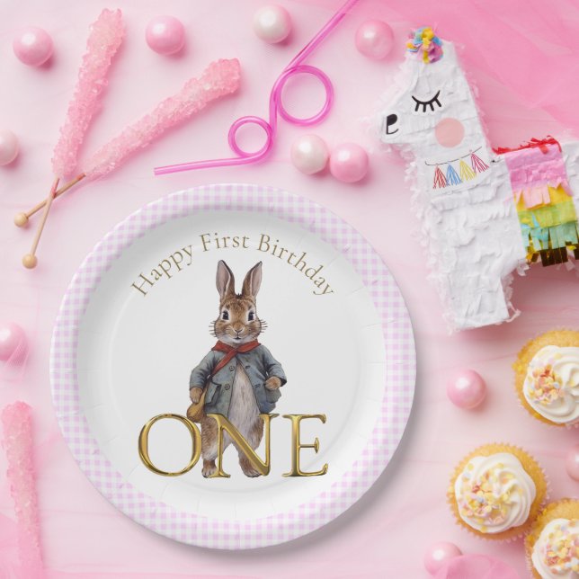 Classic Rabbit First Birthday Pink Check Pattern Paper Plates (Party)