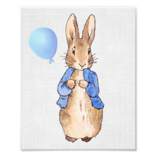 Classic Rabbit holding blue balloon gray linen Photo Print