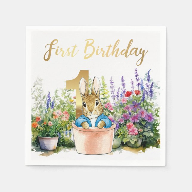 Classic rabbit in a pot first birthday napkins (Front)