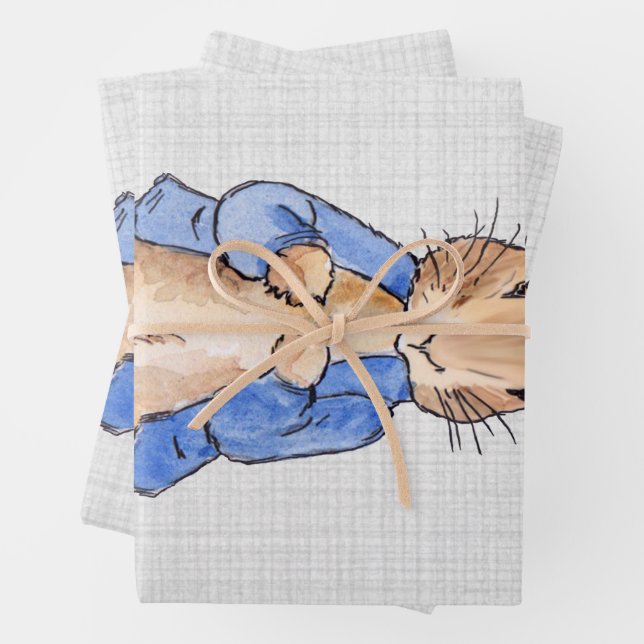 Classic rabbit in blue jacket wrapping paper sheets (In situ)