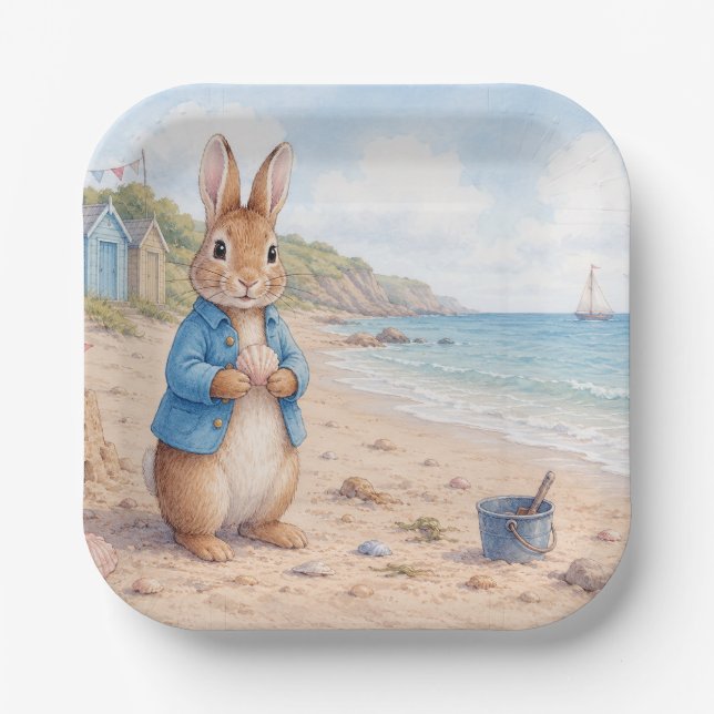 Classic Rabbit on a sandy beach Paper Plates (Front)