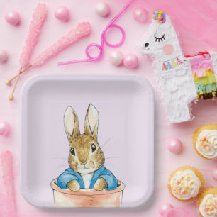 Classic rabbit sitting in plant pot paper plates