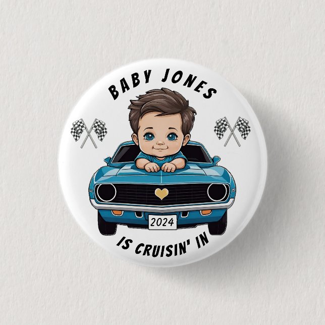 Classic Race Car Baby Boy Cruisin' In Shower Button (Front)