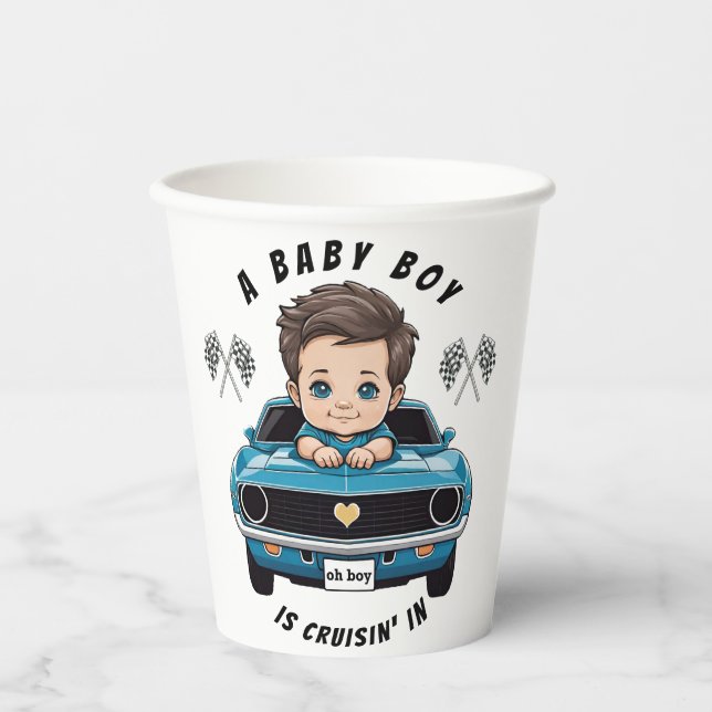 Classic Race Car Baby Boy Cruisin' In Shower Paper Cups (Front)