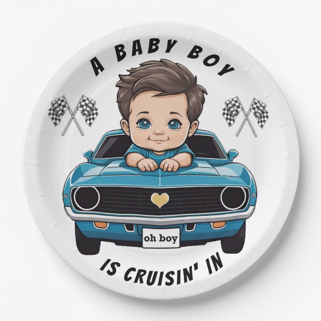 Classic Race Car Baby Boy Cruisin' In Shower Paper Plates (Front)