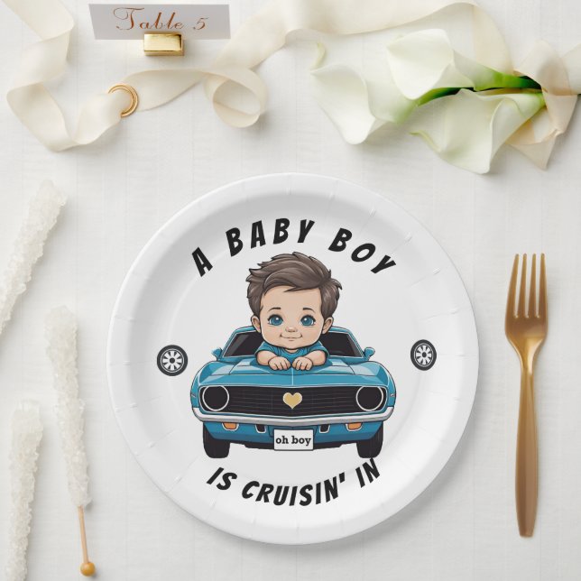 Classic Race Car Baby Boy Cruisin' In Shower Paper Plates (Wedding)
