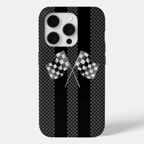 Classic Racing Flags Stripes in Carbon Fiber Style iPhone 15 Pro Case