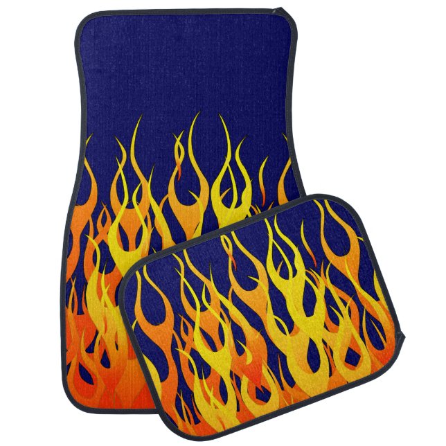 Classic Racing Flames Fire on Blue Car Floor Mat (Set)