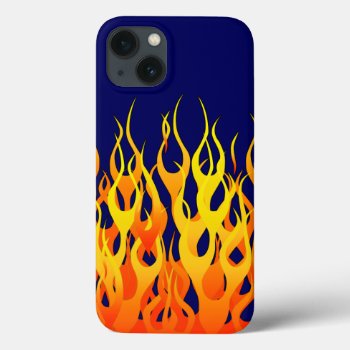 Classic Racing Flames Fire On Navy Blue Iphone 13 Case by MustacheShoppe at Zazzle