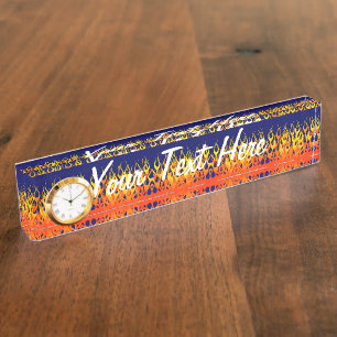 Classic Racing Flames Fire on Navy Blue Desk Name Plate