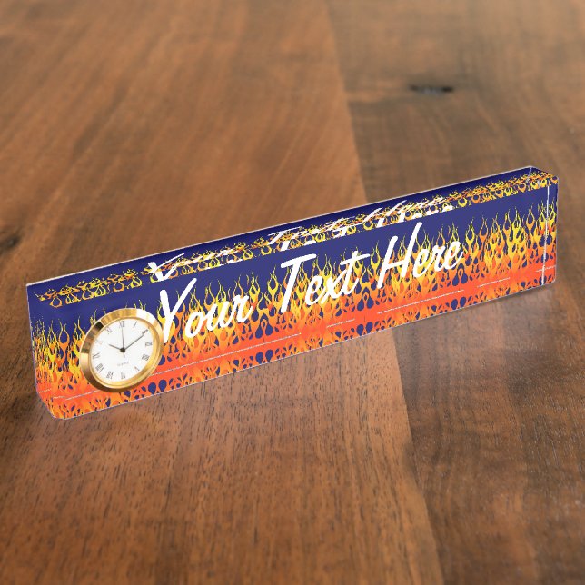 Classic Racing Flames Fire on Navy Blue Desk Name Plate (Side)