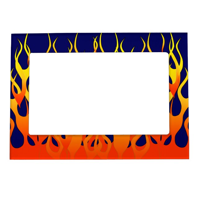 Classic Racing Flames Fire on Navy Blue Magnetic Picture Frame (Front)