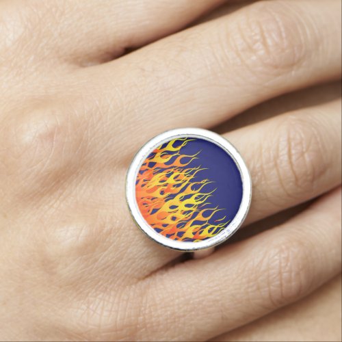 Classic Racing Flames Fire on Navy Blue Ring