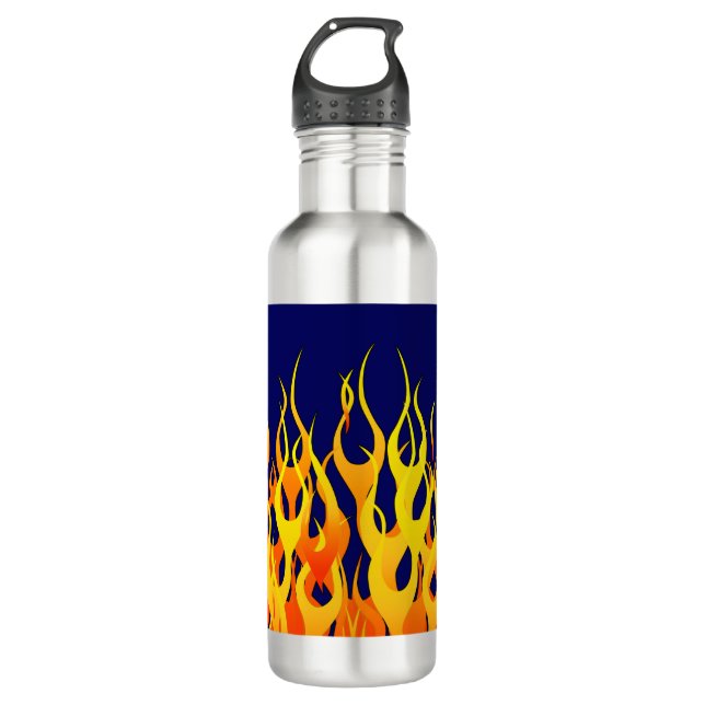 Classic Racing Flames Fire on Navy Blue Stainless Steel Water Bottle (Front)