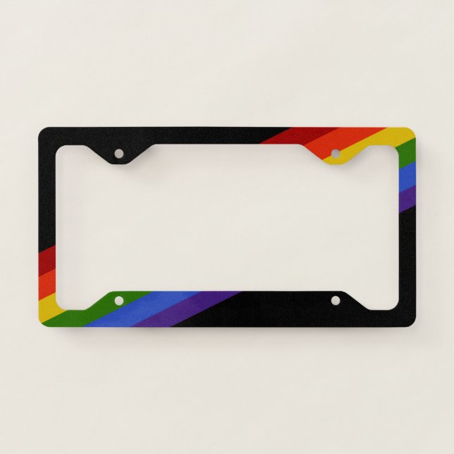 Classic Rainbow Diagonal Stripes Black License Plate Frame (Front)