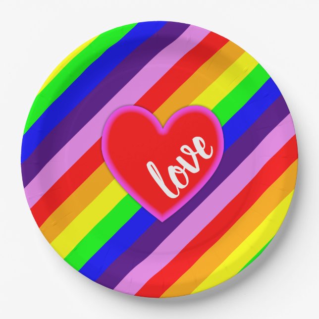 Classic Rainbow Stripes with Heart Colorful Paper Plates (Front)