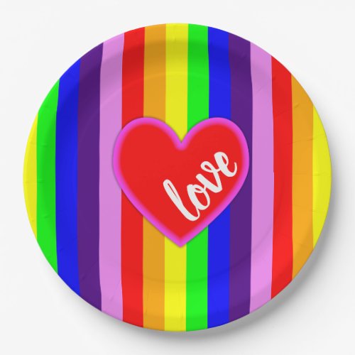 Classic Rainbow Stripes with Heart Colorful Paper Plates