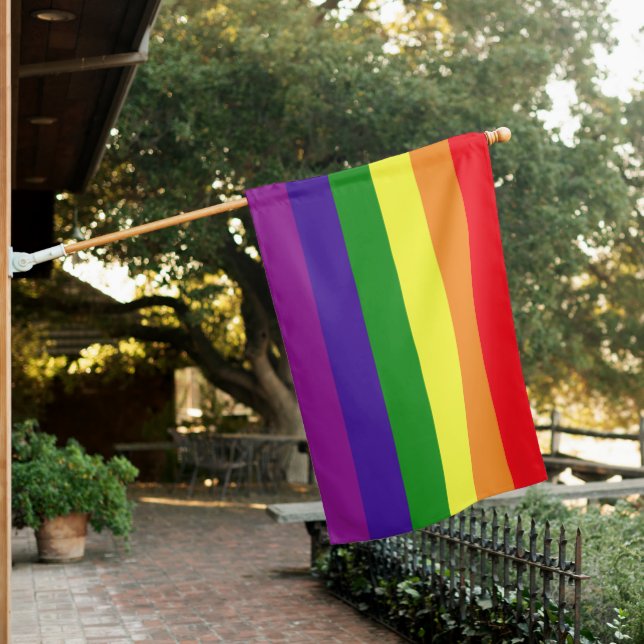 Classic Rainbow Vertical Stripe Gay Pride House Flag (In SItu)