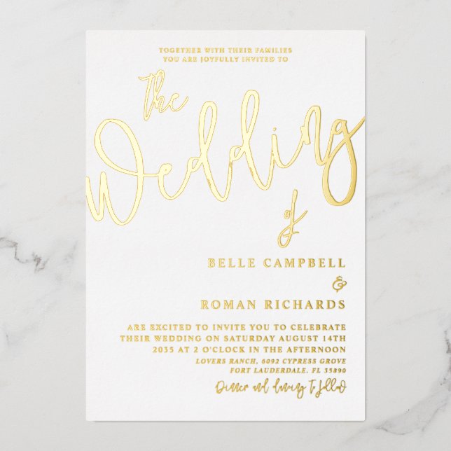 Classic Real Gold Calligraphy Wedding  Foil Invitation (Front)