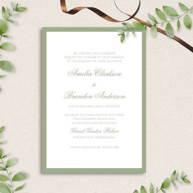 Classic Real Sage Green Border Script Wedding Invitation (Creator Uploaded)