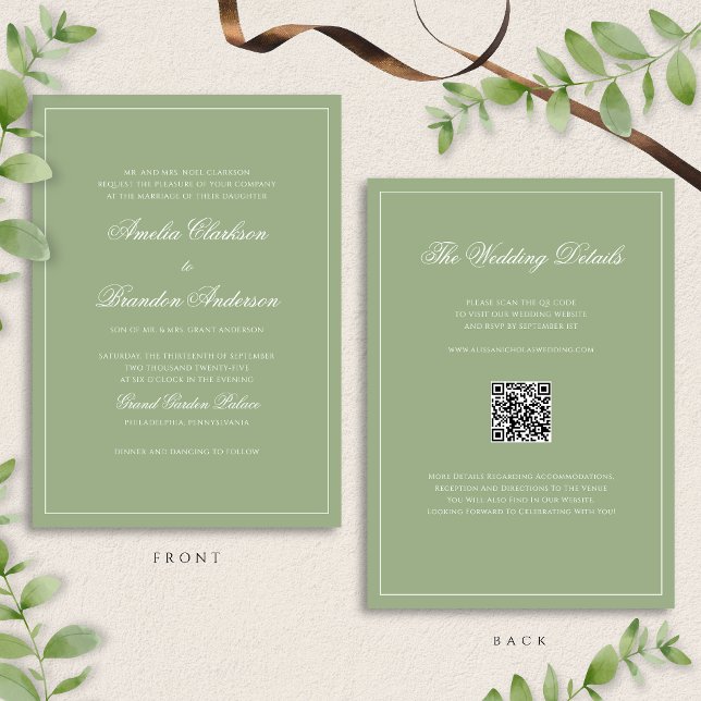 Classic Real Sage Green Border Wedding QR Code Invitation (Creator Uploaded)