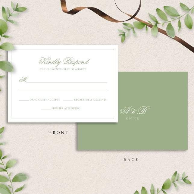Classic Real Sage Green Monogram Script Wedding RSVP Card (Creator Uploaded)