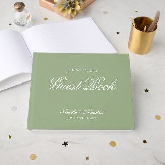 Classic Real Sage Green & White Script Wedding Guest Book