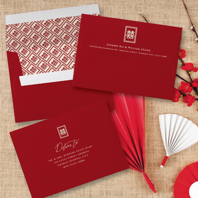 Classic Rectangle Double Happiness Chinese Wedding Envelope (Red/Ivory Classic Rectangle Double Happiness Modern Chinese Wedding Envelope @ fatfatin_red_knot)