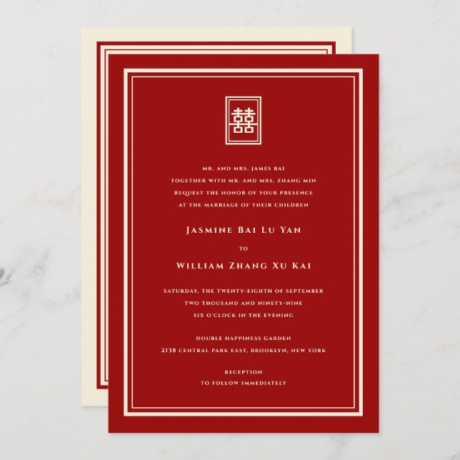 Classic Rectangle Double Happiness Chinese Wedding Invitation (Front/Back)
