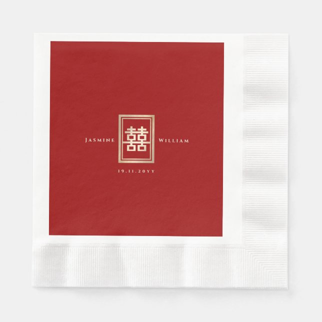 Classic Rectangle Double Happiness Chinese Wedding Napkins (Front)