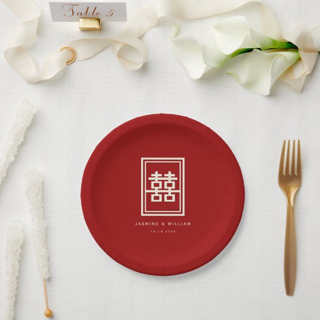 Classic Rectangle Double Happiness Chinese Wedding Paper Plates (Wedding)