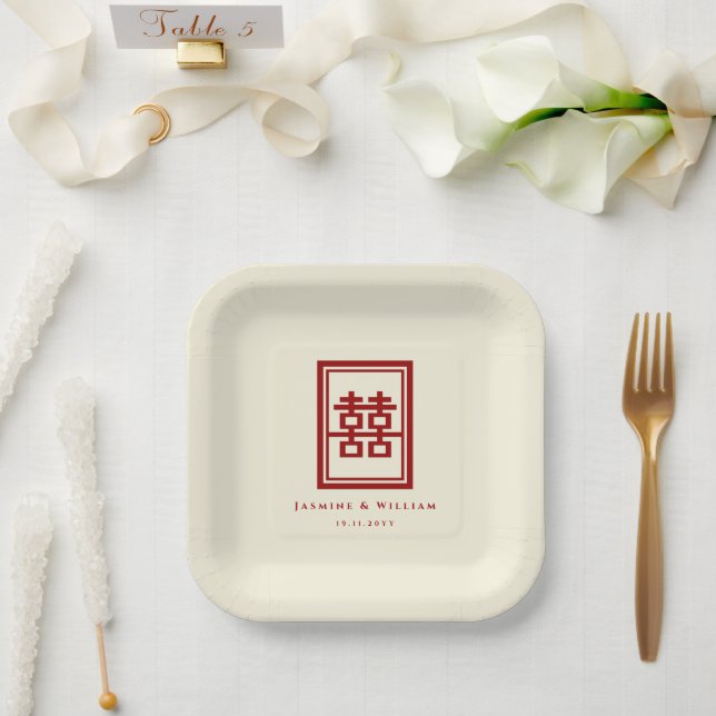Classic Rectangle Double Happiness Chinese Wedding Paper Plates (Wedding)