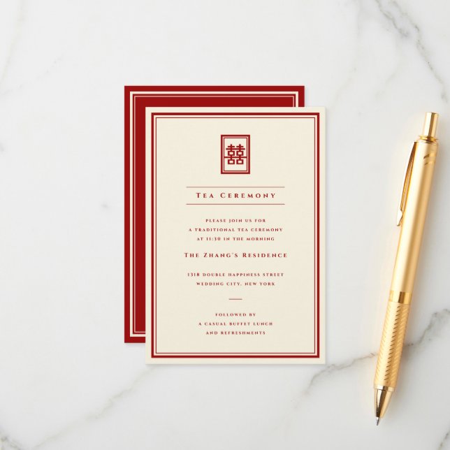 Classic Rectangle Double Happiness Tea Ceremony Enclosure Card (Front/Back In Situ)