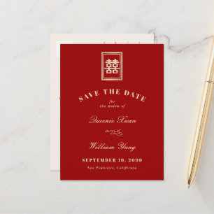 Classic Rectangle Double Xi Chinese Save The Date Announcement Postcard
