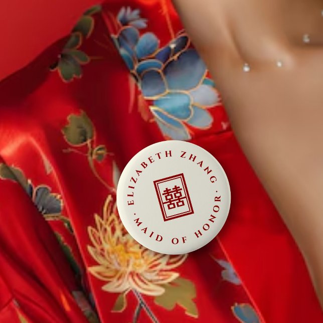 Classic Rectangle Double Xi Chinese Wedding Party Button (Red/Ivory Classic Rectangle Double Happiness Chinese Wedding Party Pin Button @ fatfatin_red_knot)