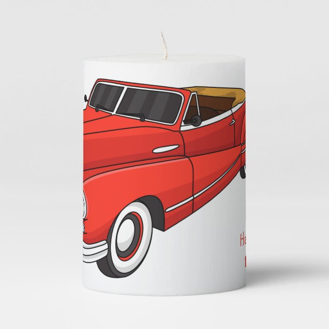 Classic red 1948 automobile  pillar candle (Front)