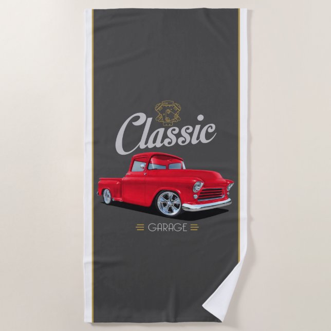 Classic Red 1956 Chevy Garage Beach Towel (Front)