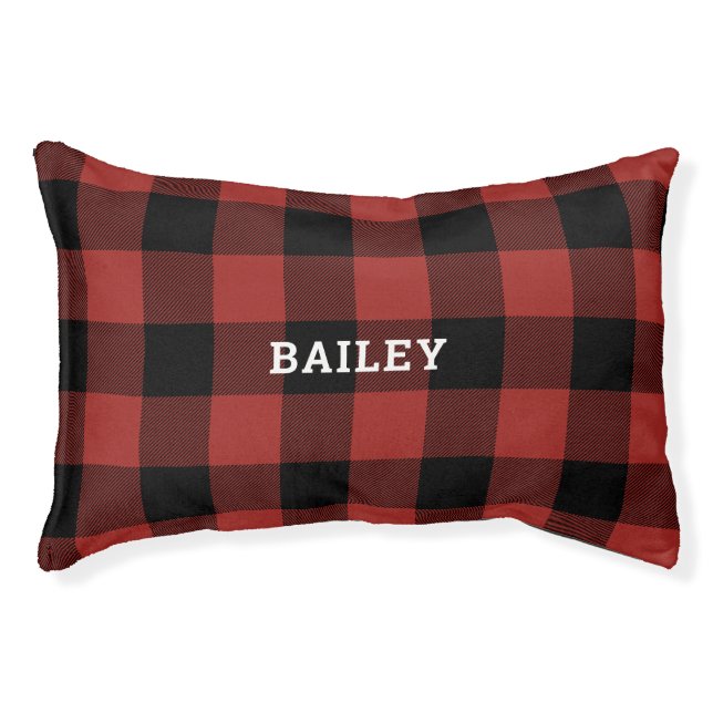 Classic Red and Black Buffalo Check Plaid Monogram Pet Bed (Front)