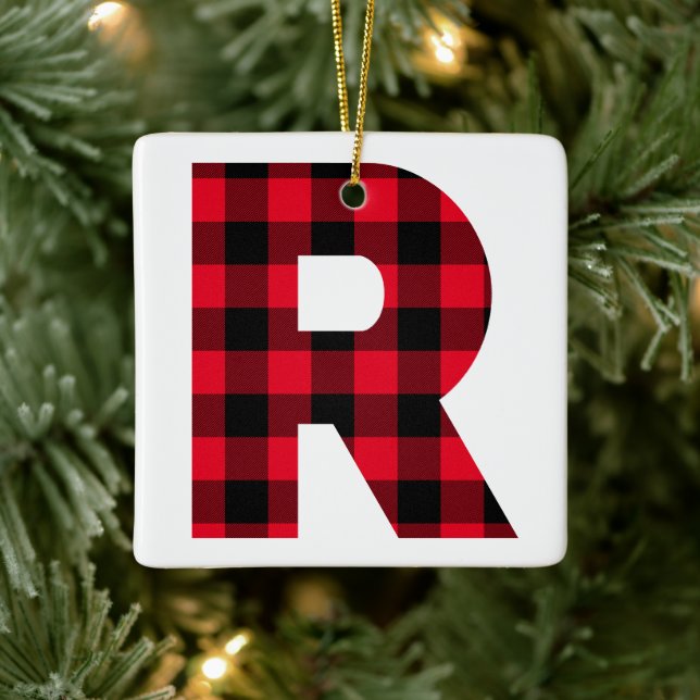 Classic Red and Black Buffalo Check R Monogram Ceramic Ornament (Tree)