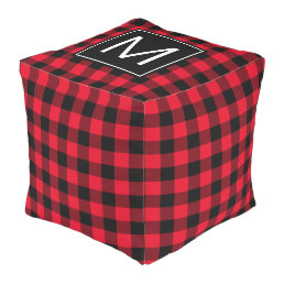 Classic Red and Black Buffalo Plaid Monogrammed Outdoor Pouf