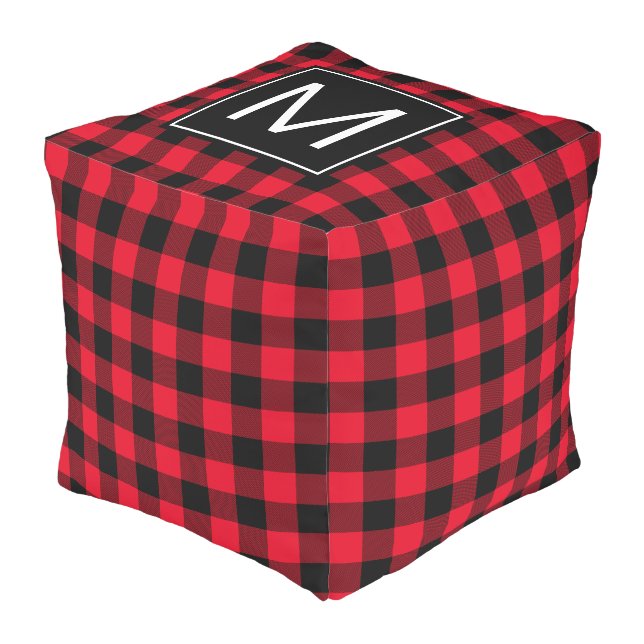 Classic Red and Black Buffalo Plaid Monogrammed Outdoor Pouf (Angled Front)
