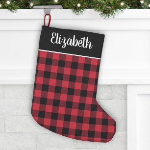 Classic Red and Black Buffalo Plaid Script Name Small Christmas Stocking