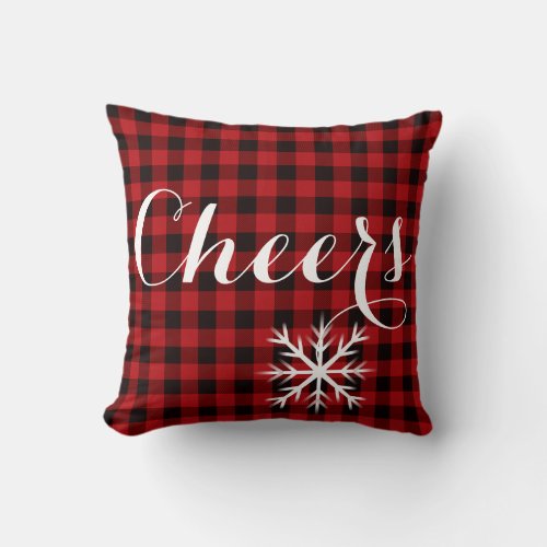 Classic red and black plaid cheers snowflake throw pillow