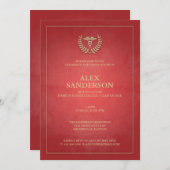 Classic Red and Gold Medical Caduceus Graduation Invitation (Front/Back)