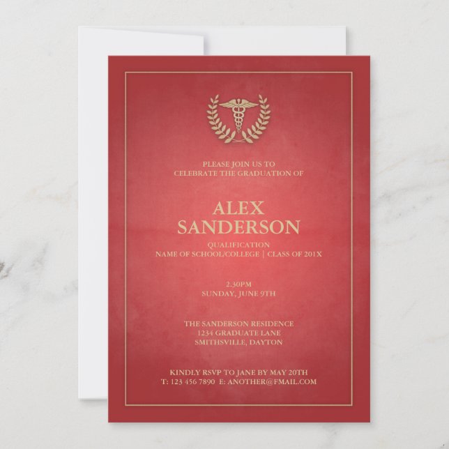 Classic Red and Gold Medical Caduceus Graduation Invitation (Front)