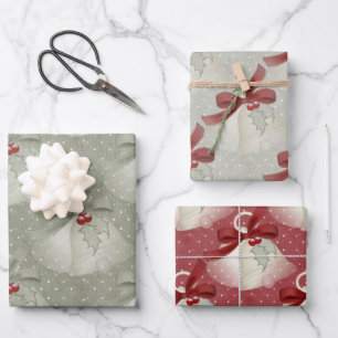 Classic Red and Green Bells, Ribbon, and Holly Wrapping Paper Sheets